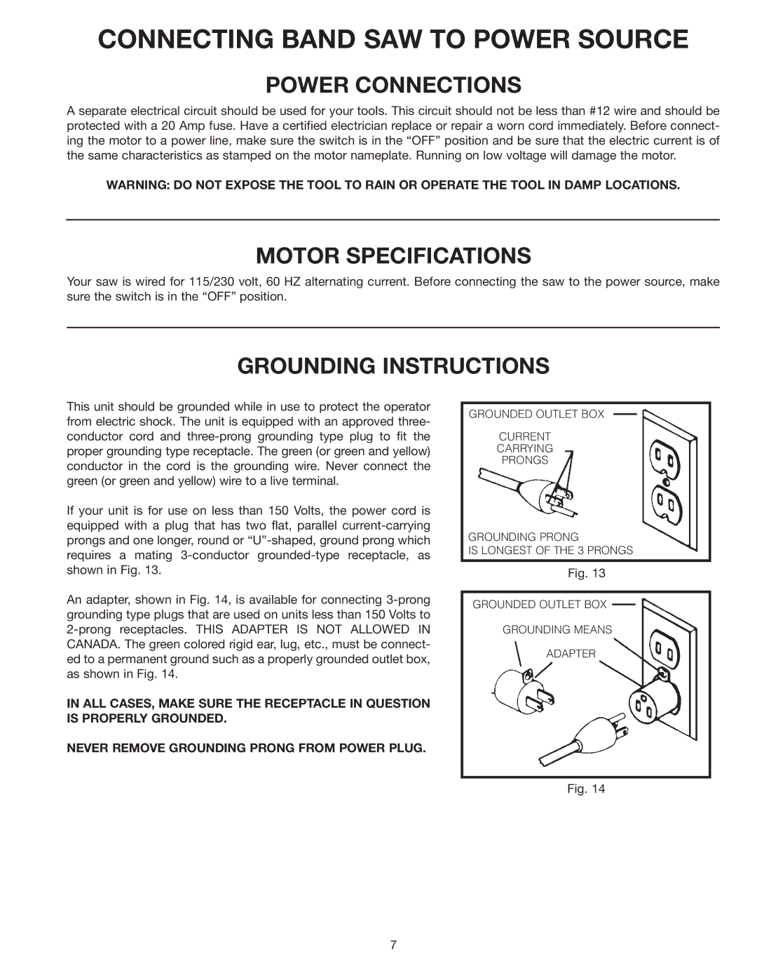 Delta 28-263 Connecting Band SAW to Power Source, Power Connections, Motor Specifications, Grounding Instructions 