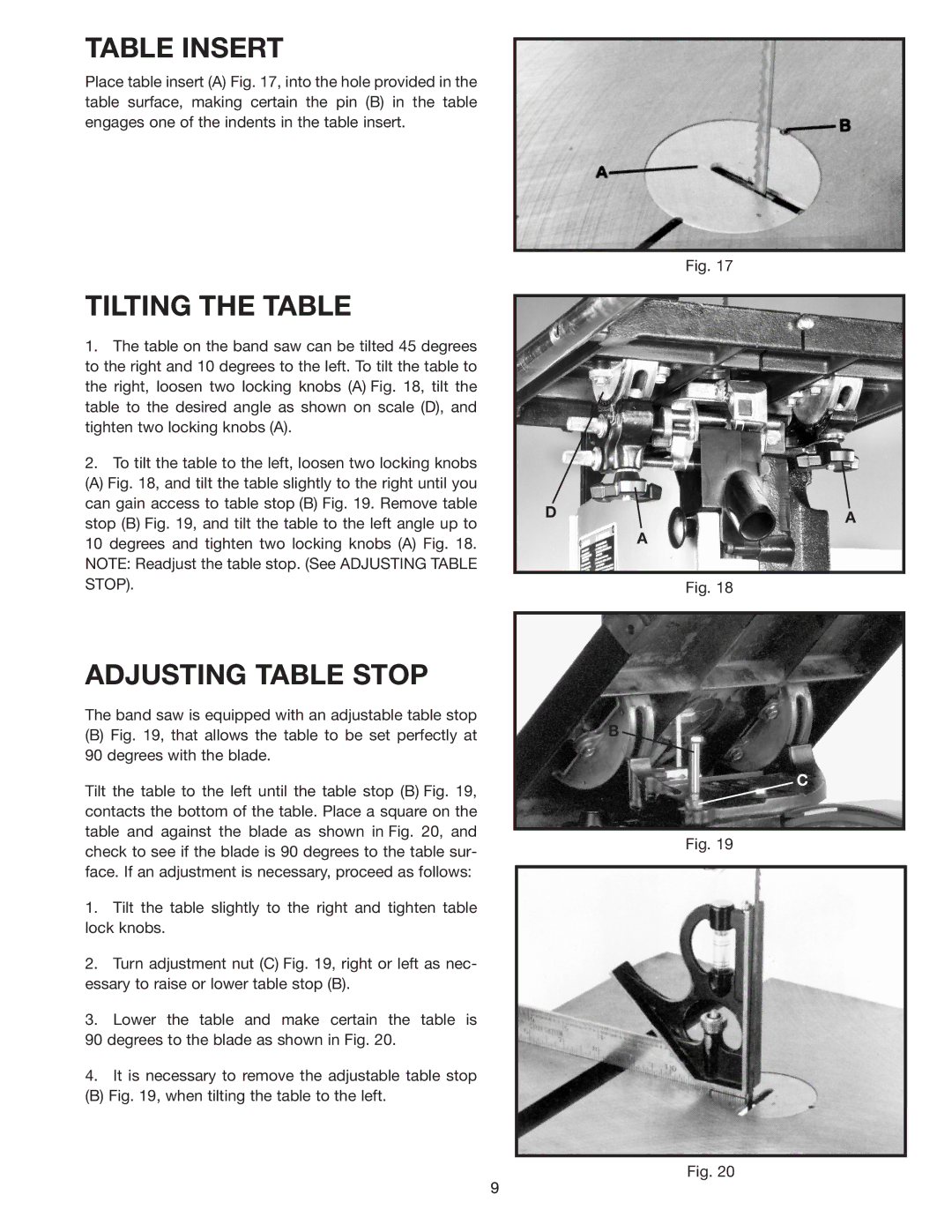 Delta 28-263 instruction manual Table Insert, Tilting the Table, Adjusting Table Stop 