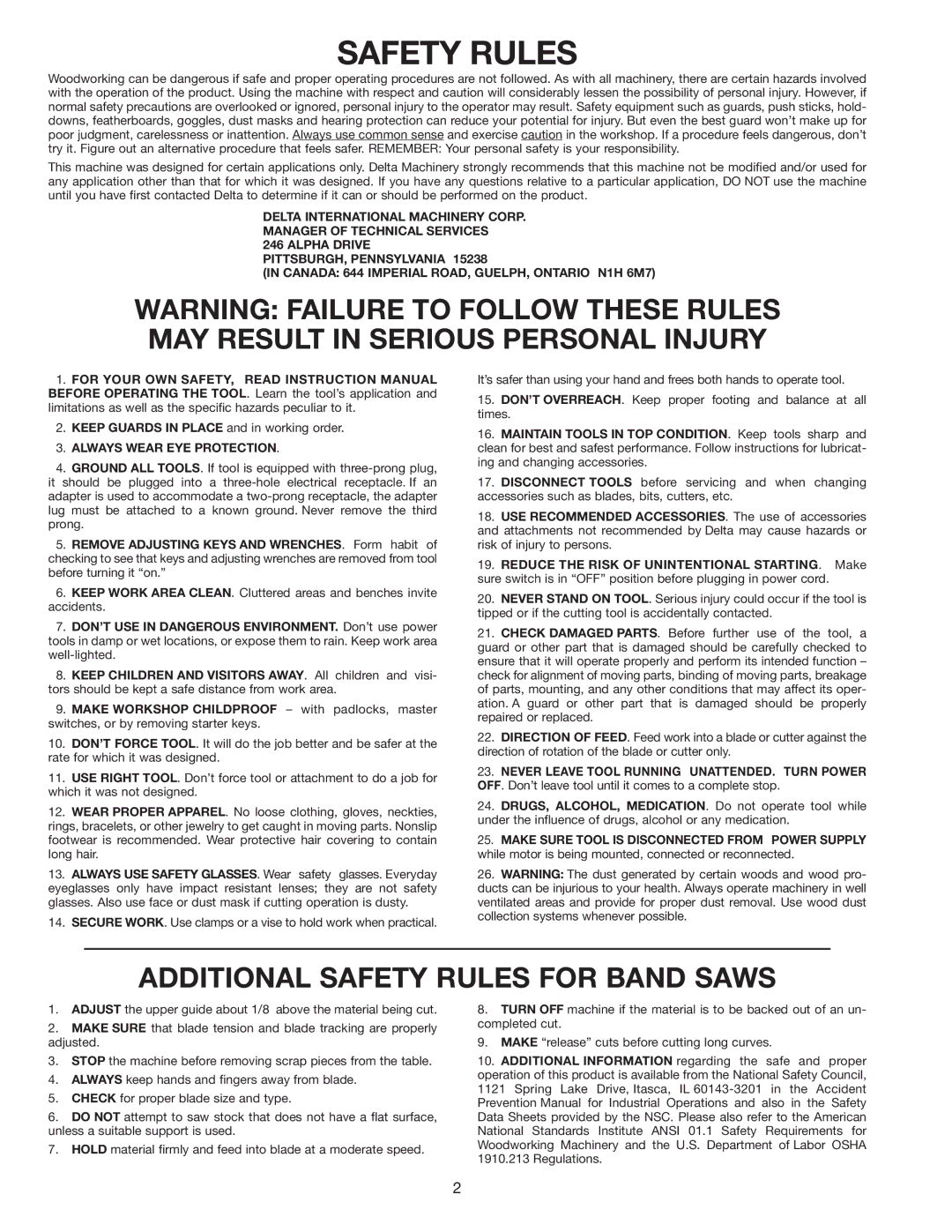 Delta 28-280 instruction manual Safety Rules 