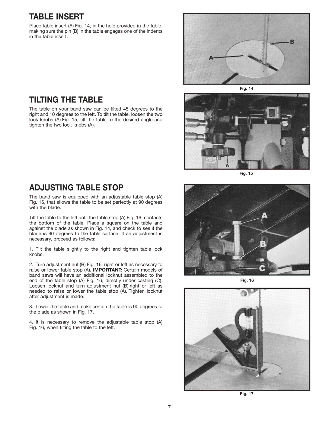 Delta 28-280 instruction manual Table Insert, Tilting the Table, Adjusting Table Stop 