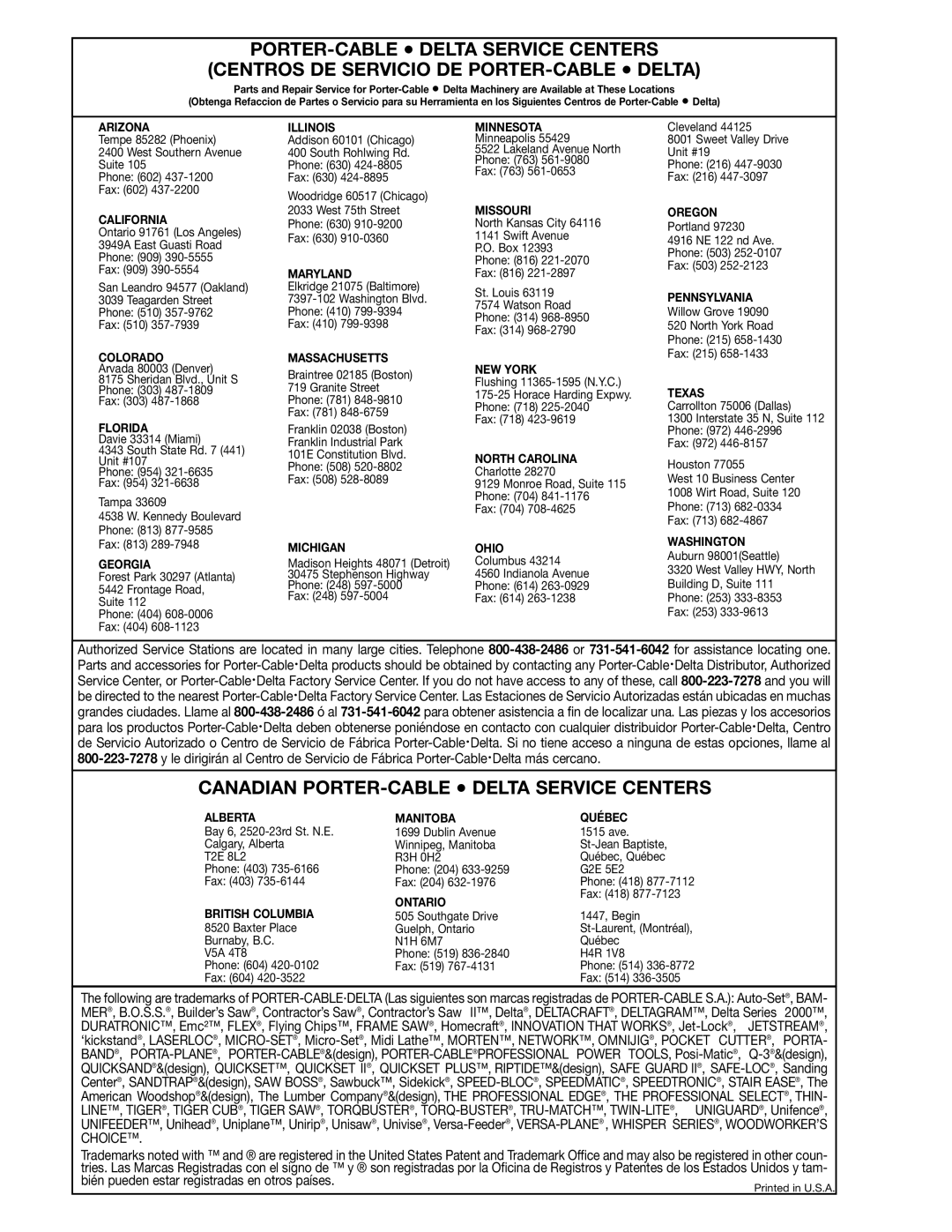 Delta 28-299A, 28-241 instruction manual Canadian PORTER-CABLE Delta Service Centers 