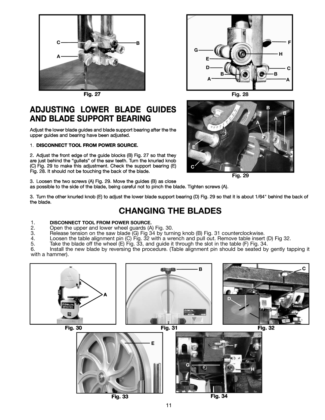 Delta 28-241, 28-299A instruction manual Adjusting Lower Blade Guides And Blade Support Bearing, Changing The Blades 