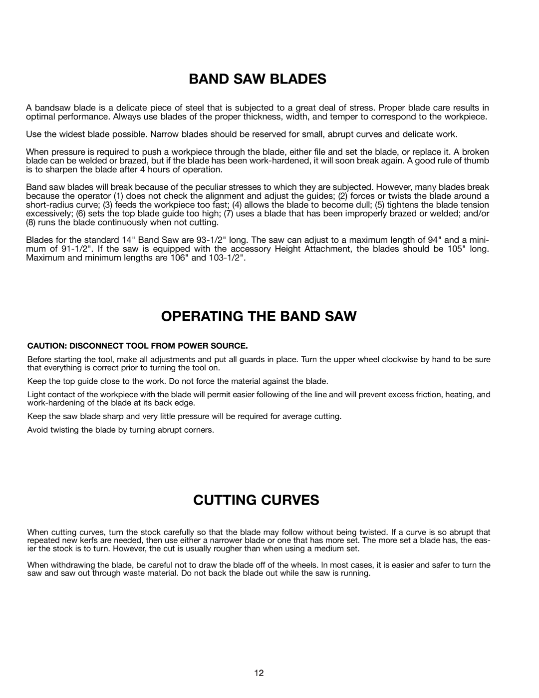 Delta 28-299A, 28-241 instruction manual Band Saw Blades, Operating The Band Saw, Cutting Curves 