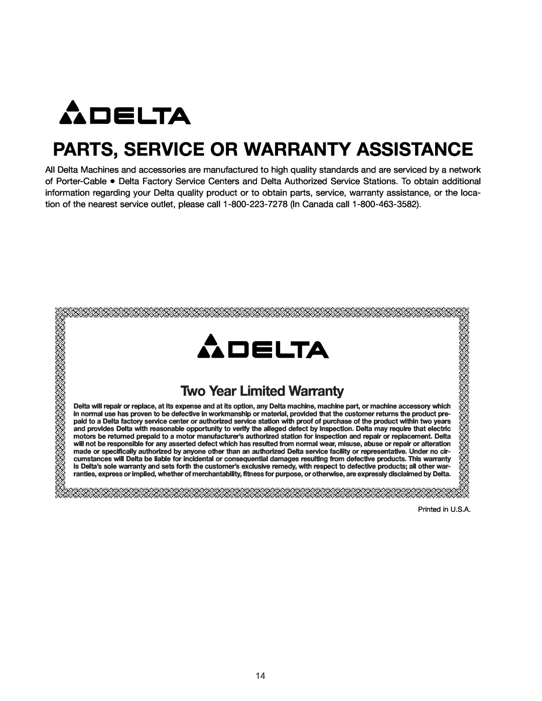 Delta 28-299A, 28-241 instruction manual Parts, Service Or Warranty Assistance, Two Year Limited Warranty 