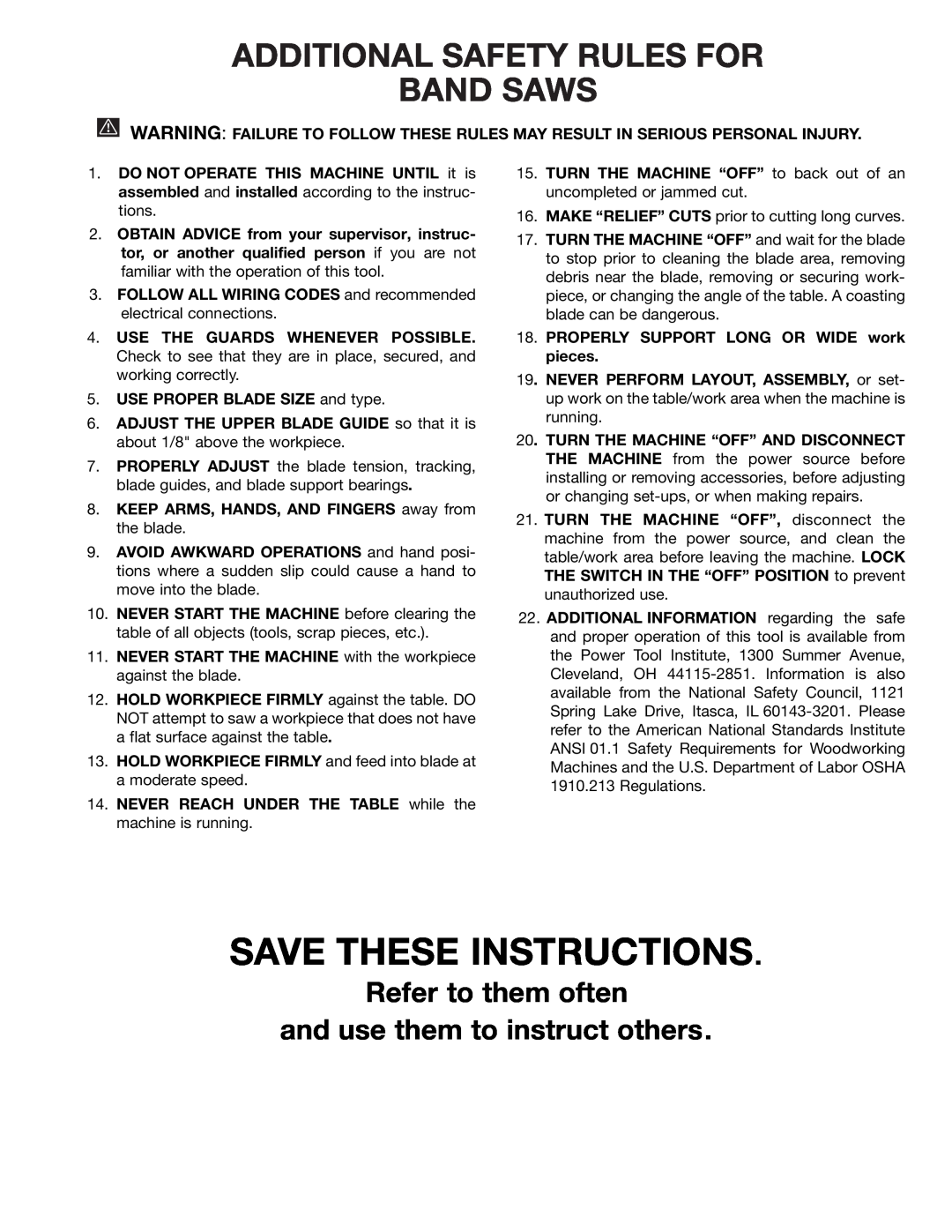 Delta 28-241, 28-299A instruction manual Save These Instructions, Additional Safety Rules For Band Saws 