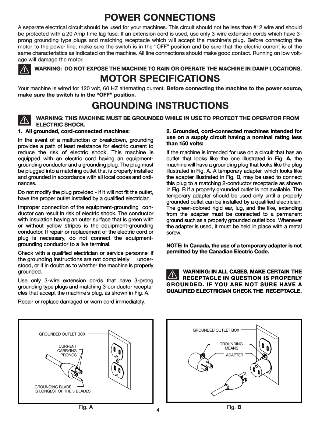 Delta 28-299A Power Connections, Motor Specifications, Grounding Instructions, All grounded, cord-connected machines 