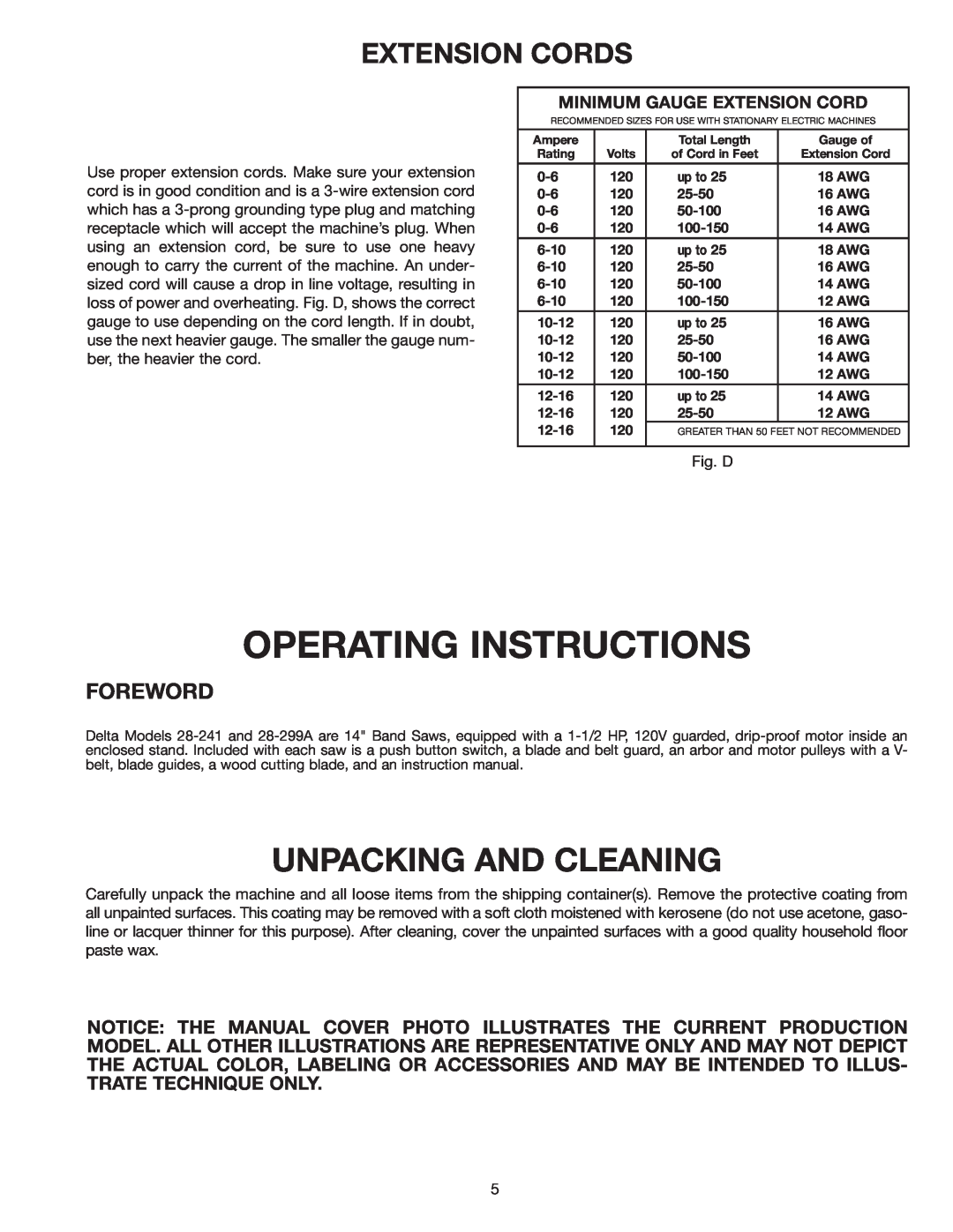 Delta 28-241 Unpacking And Cleaning, Extension Cords, Operating Instructions, Foreword, Minimum Gauge Extension Cord 