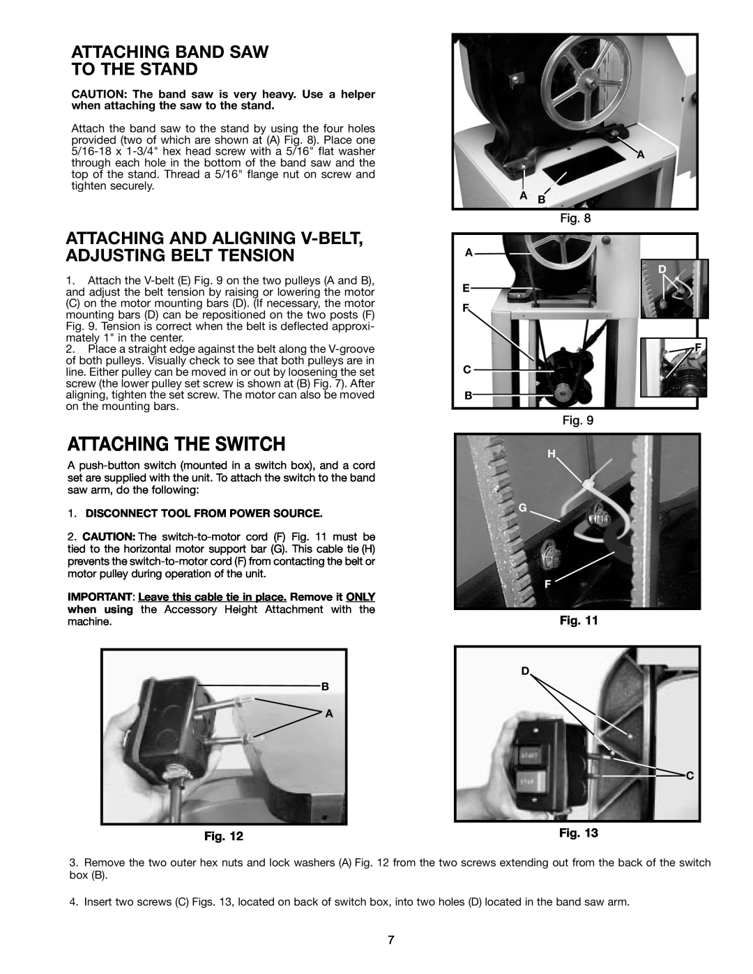 Delta 28-241 Attaching The Switch, Attaching Band Saw To The Stand, Attaching And Aligning V-Belt, Adjusting Belt Tension 