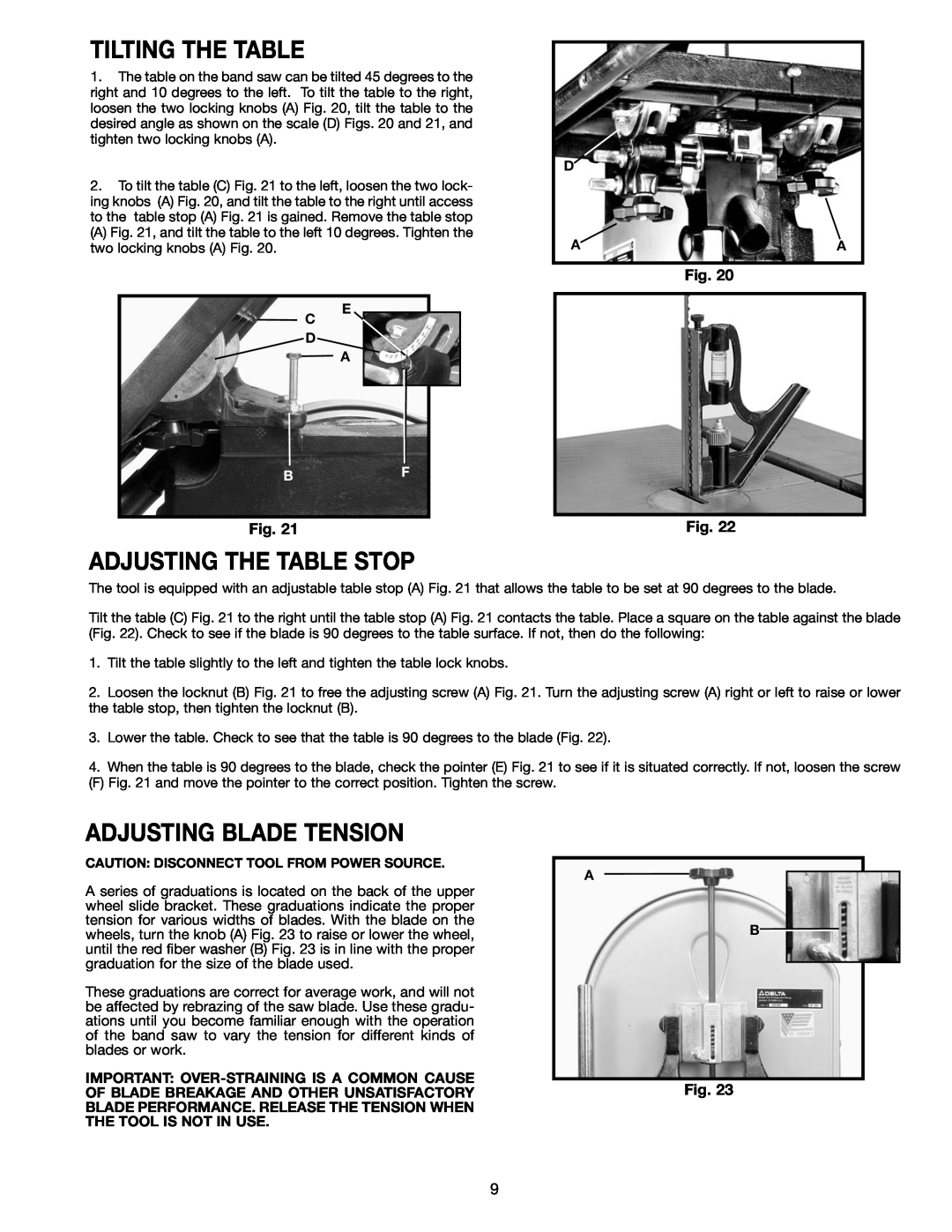 Delta 28-241, 28-299A instruction manual Tilting The Table, Adjusting The Table Stop, Adjusting Blade Tension, D Aa, E C D A 