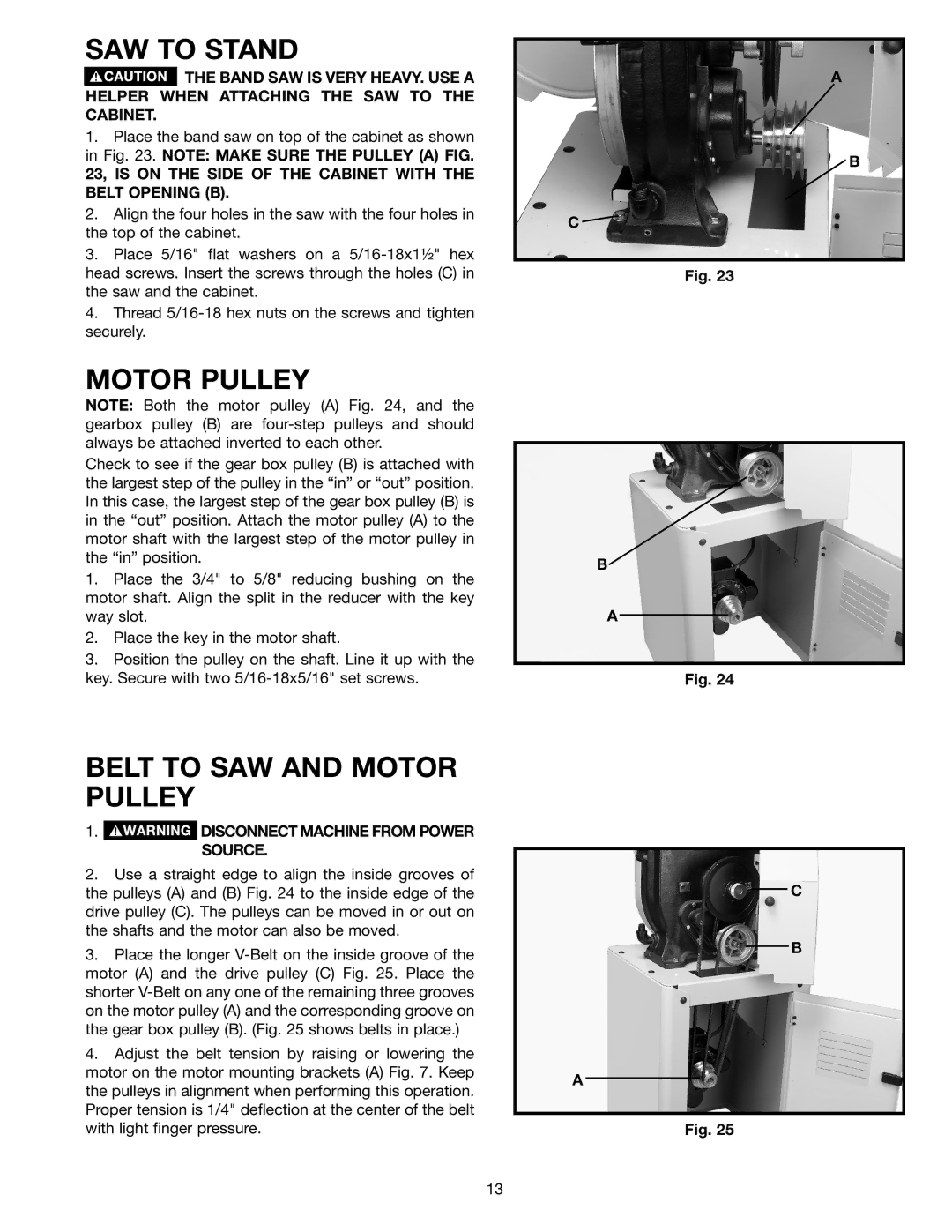 Delta 28-348 SAW to Stand, Belt to SAW and Motor Pulley, 23, is on the Side of the Cabinet with the Belt Opening B 