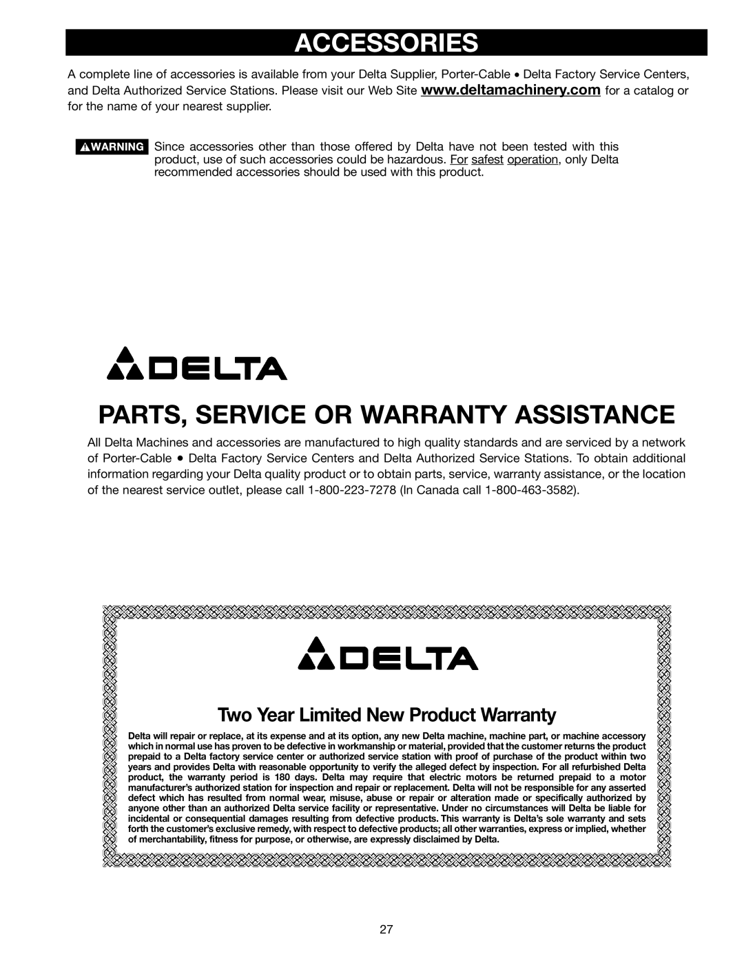 Delta 28-348 instruction manual Accessories, PARTS, Service or Warranty Assistance 