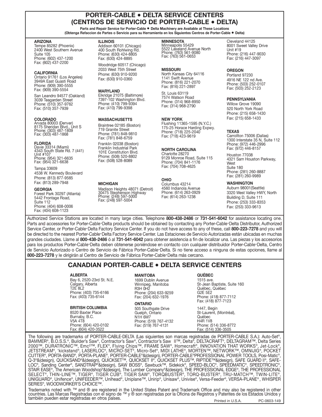 Delta 28-348 instruction manual Canadian PORTER-CABLE Delta Service Centers 