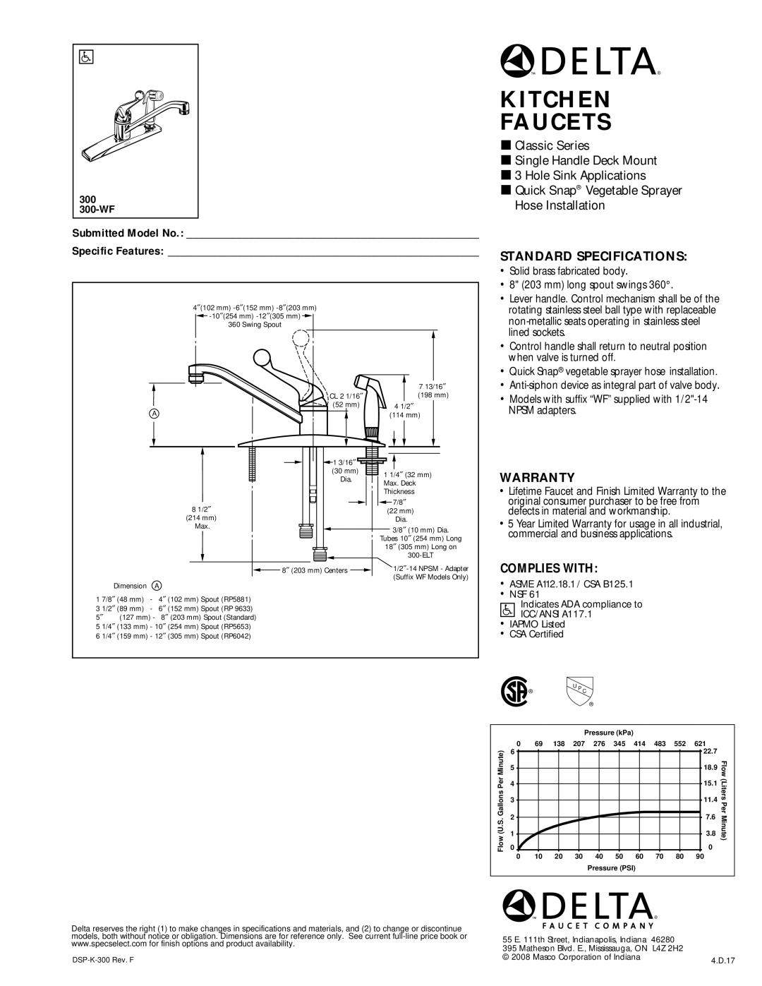 Delta 300-WF warranty Kitchen Faucets, Standard Specifications, Warranty, Complies with 