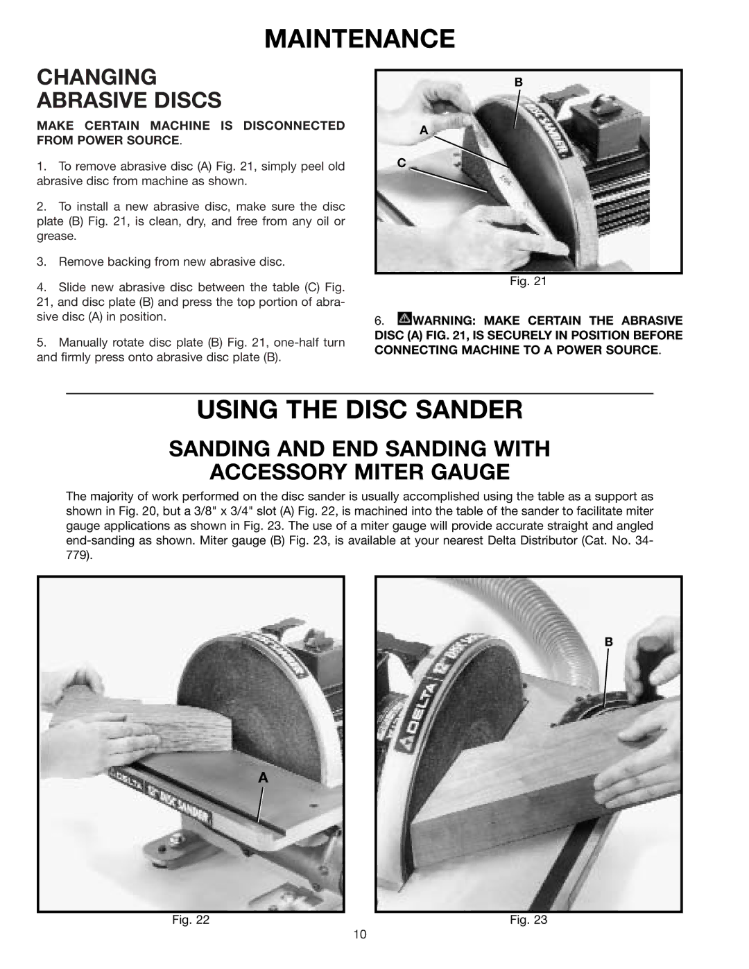 Delta 31-120 instruction manual Maintenance, Using the Disc Sander, Sanding and END Sanding with Accessory Miter Gauge 