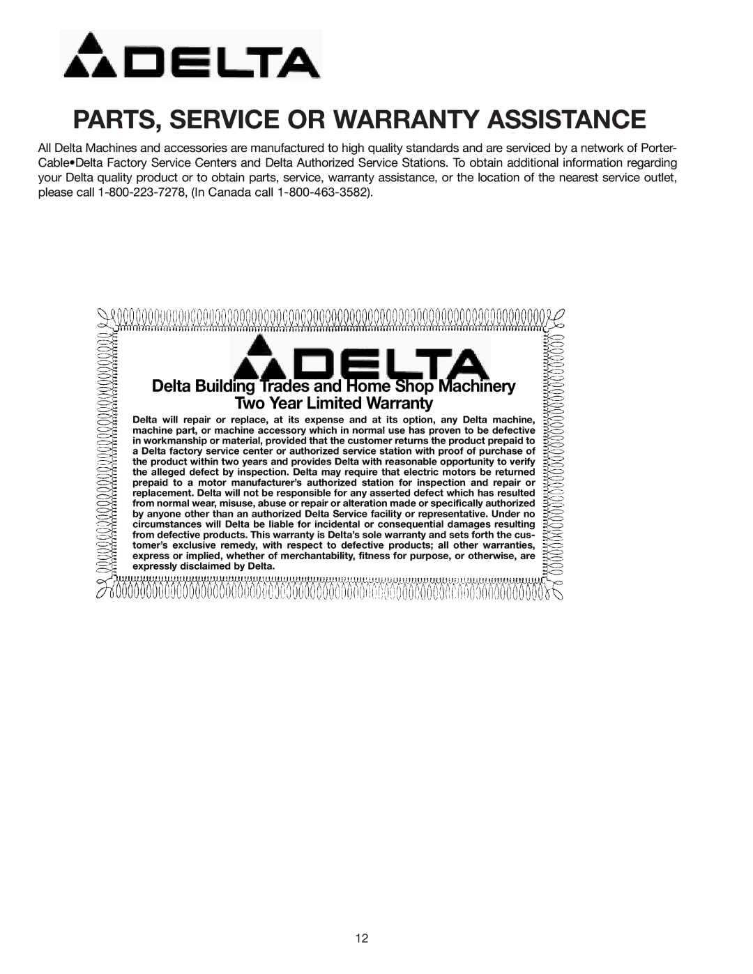 Delta 31-120 instruction manual PARTS, Service or Warranty Assistance 