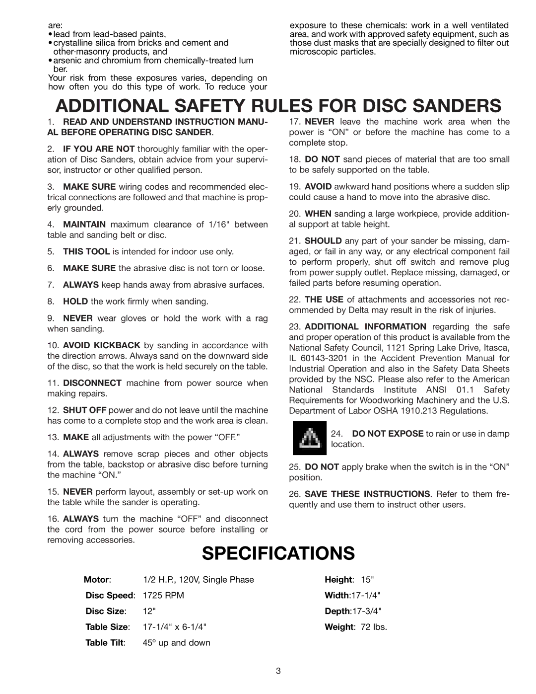 Delta 31-120 instruction manual Additional Safety Rules for Disc Sanders, Specifications 