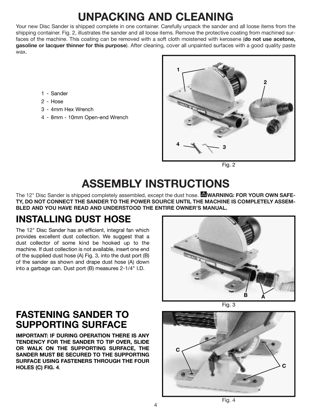 Delta 31-120 Unpacking and Cleaning, Assembly Instructions, Installing Dust Hose, Fastening Sander to Supporting Surface 