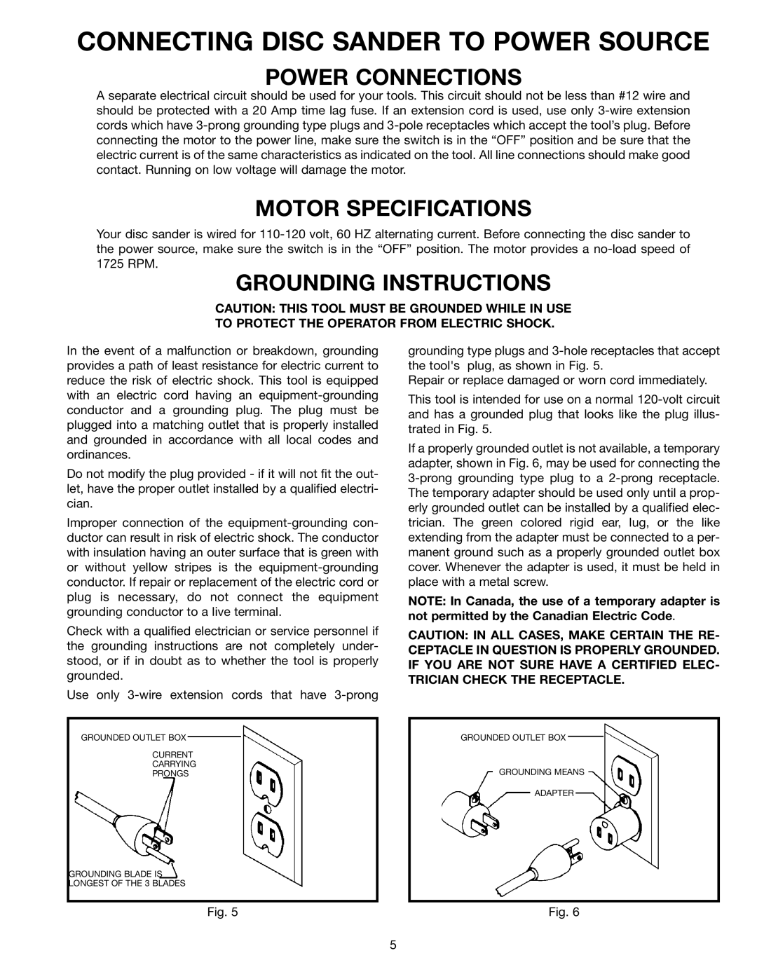 Delta 31-120 Connecting Disc Sander to Power Source, Power Connections, Motor Specifications, Grounding Instructions 