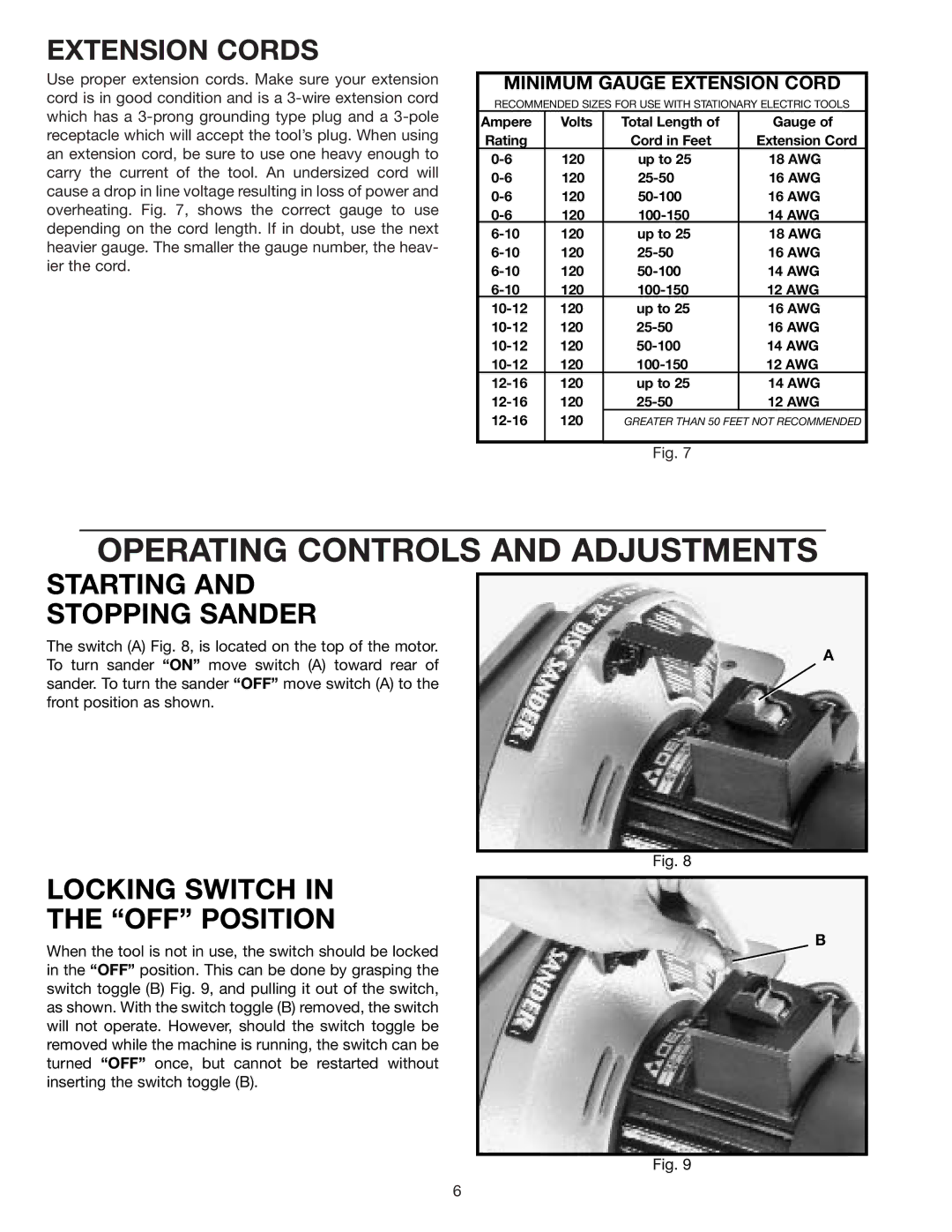 Delta 31-120 instruction manual Operating Controls and Adjustments, Starting Stopping Sander, Locking Switch OFF Position 