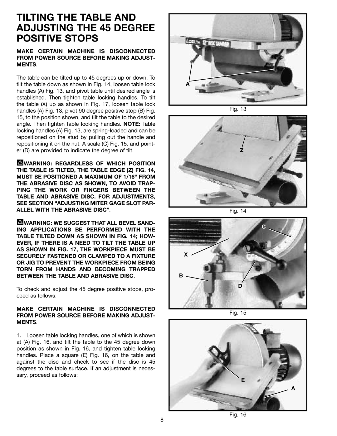 Delta 31-120 instruction manual Tilting the Table and Adjusting the 45 Degree Positive Stops 