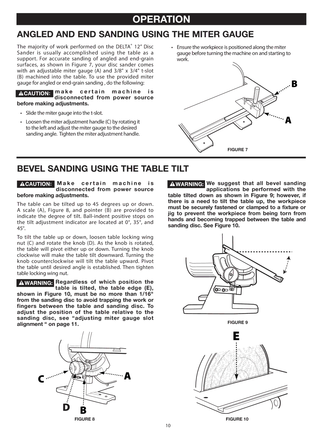 Delta 31-140 operating instructions Angled and END Sanding Using the Miter Gauge, Bevel Sanding Using the Table Tilt 