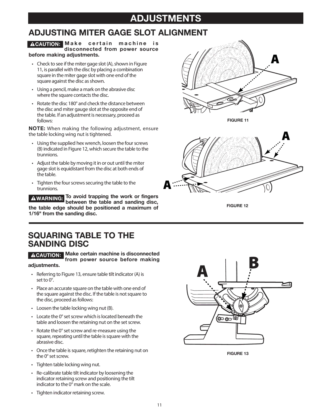 Delta 31-140 operating instructions Adjustments, Adjusting Miter Gage Slot Alignment, Squaring Table to the Sanding Disc 