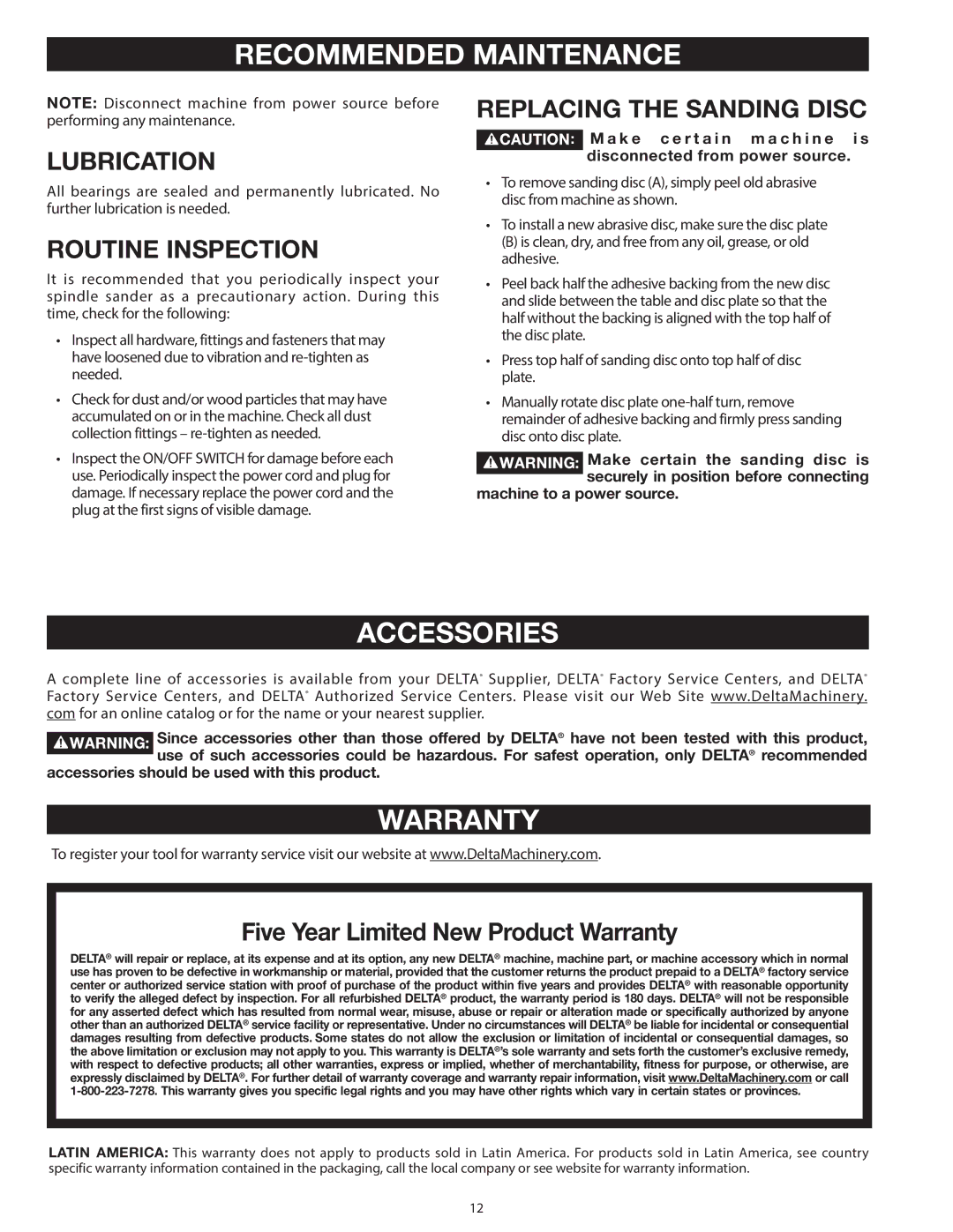 Delta 31-140 operating instructions Recommended Maintenance, Accessories, Warranty 