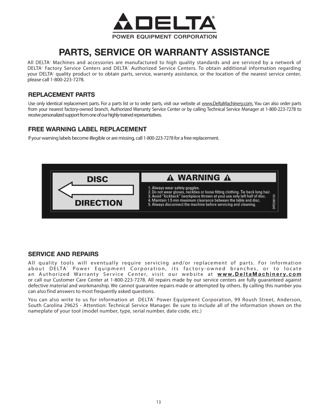 Delta 31-140 operating instructions Replacement Parts Free Warning Label Replacement, Service and Repairs 