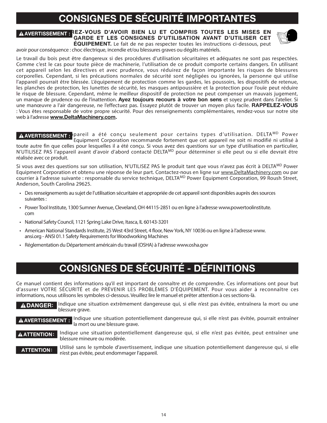 Delta 31-140 operating instructions Consignes DE Sécurité Importantes, Consignes DE Sécurité Définitions 