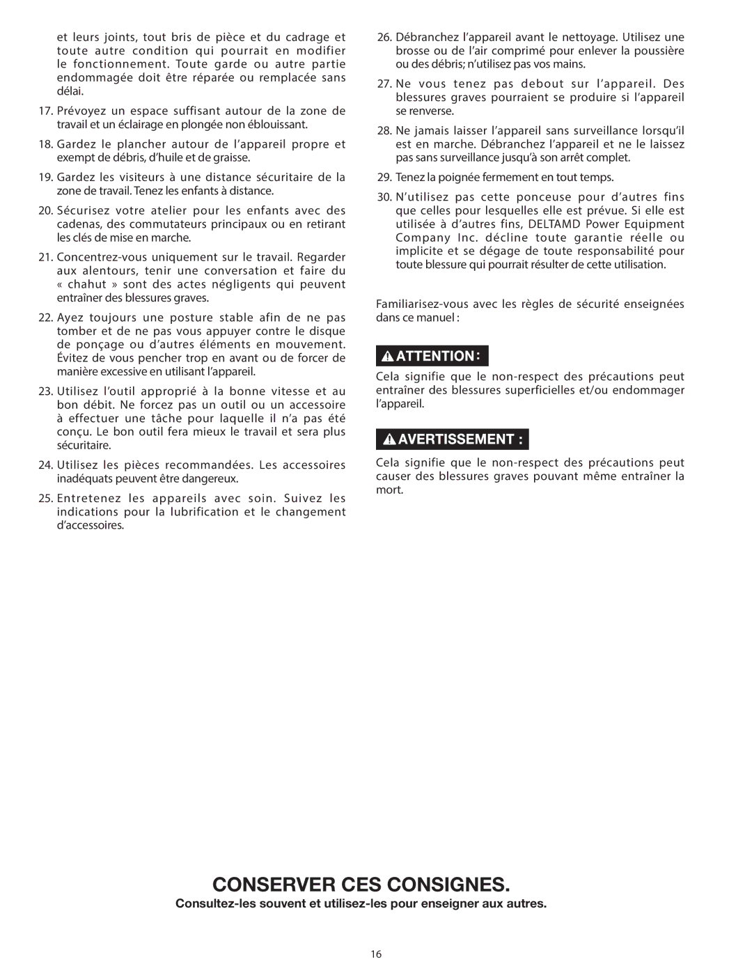 Delta 31-140 operating instructions Conserver CES Consignes 