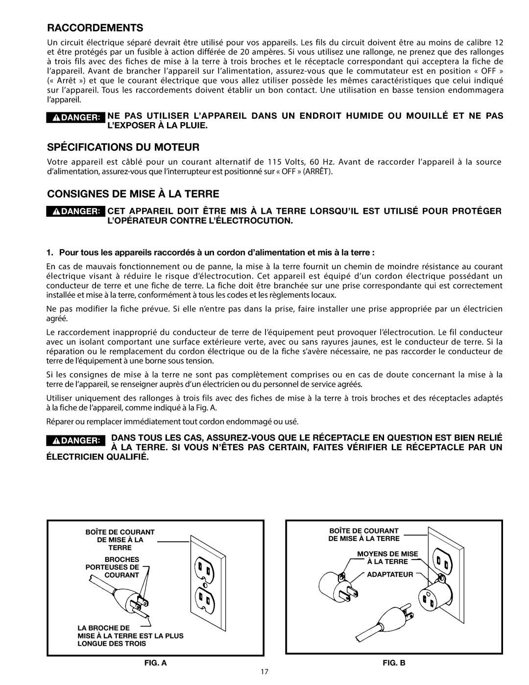 Delta 31-140 operating instructions Raccordements, Spécifications DU Moteur, Consignes DE Mise À LA Terre 