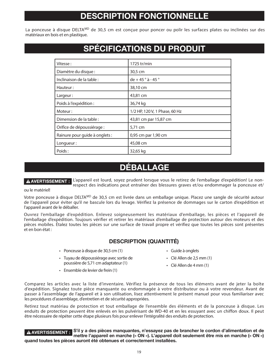 Delta 31-140 operating instructions Description Fonctionnelle, Spécifications DU Produit, Déballage, Description Quantité 