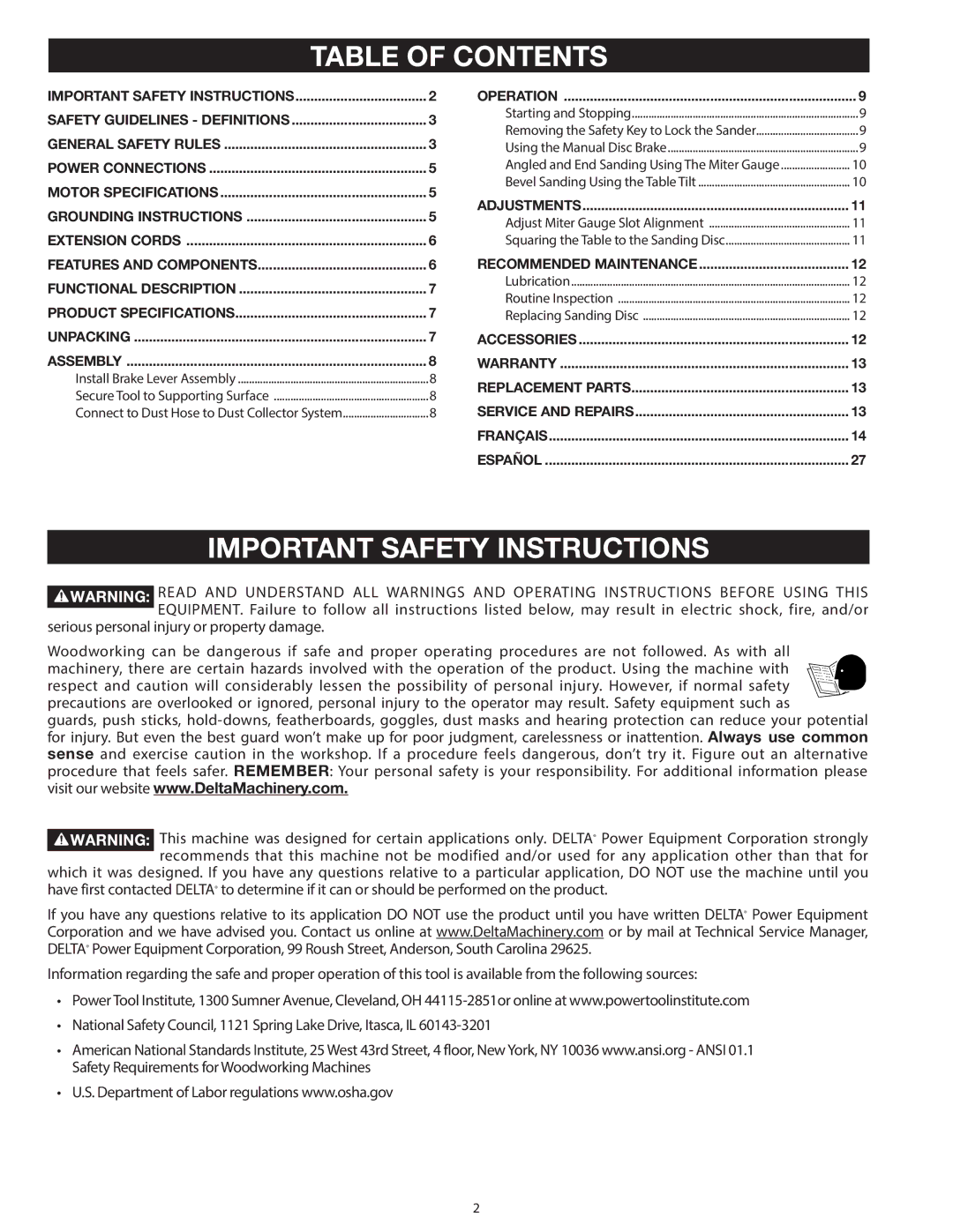 Delta 31-140 operating instructions Table of Contents, Important Safety Instructions 