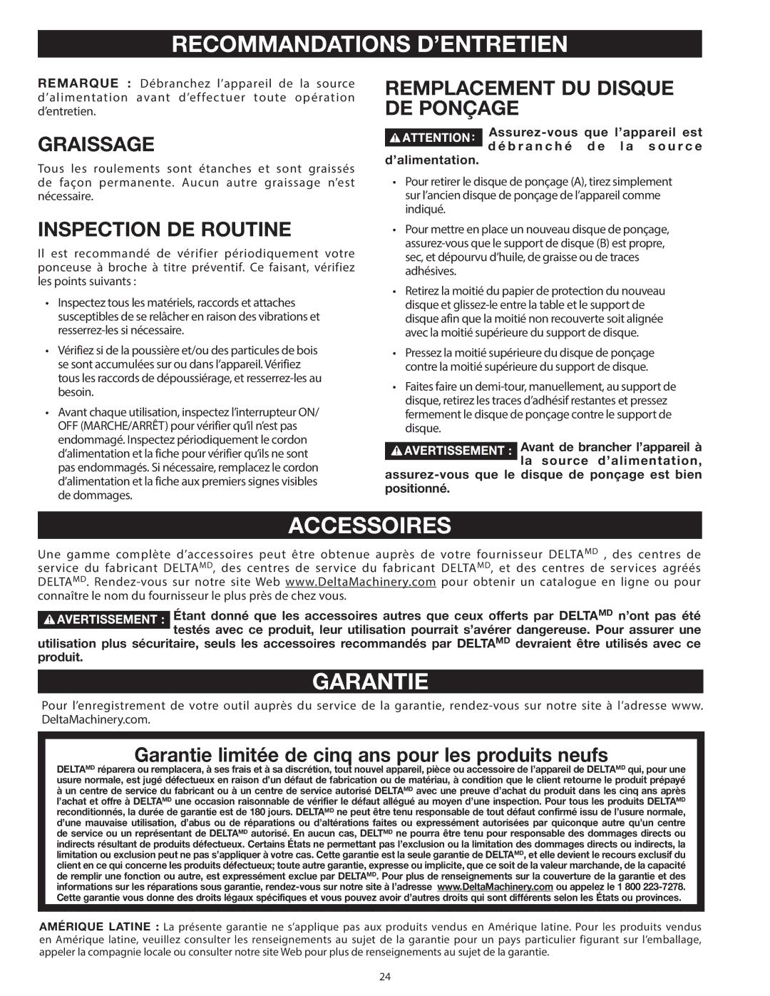 Delta 31-140 operating instructions Recommandations D’ENTRETIEN, Accessoires, Garantie 