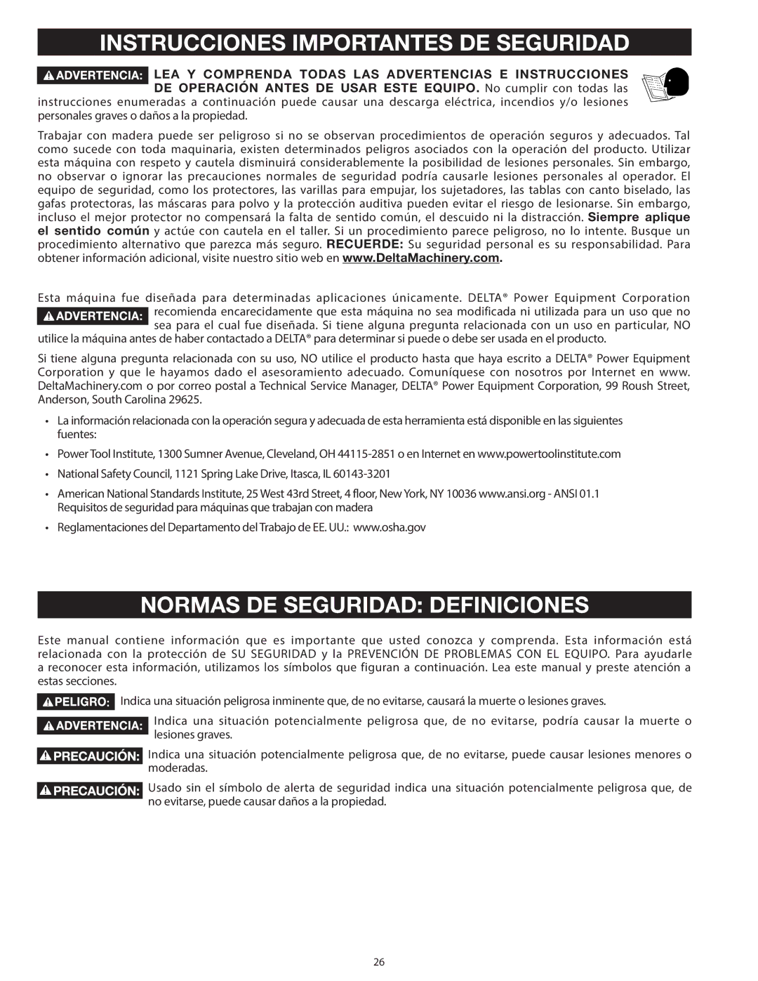 Delta 31-140 operating instructions Instrucciones Importantes DE Seguridad, Normas DE Seguridad Definiciones 