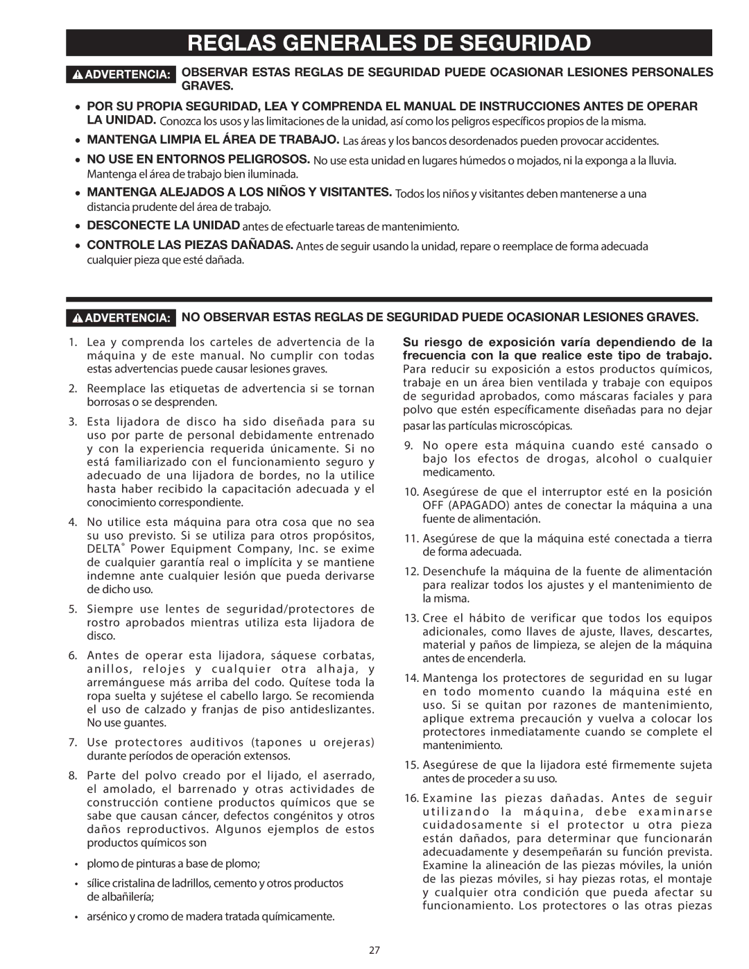 Delta 31-140 operating instructions Reglas Generales DE Seguridad 