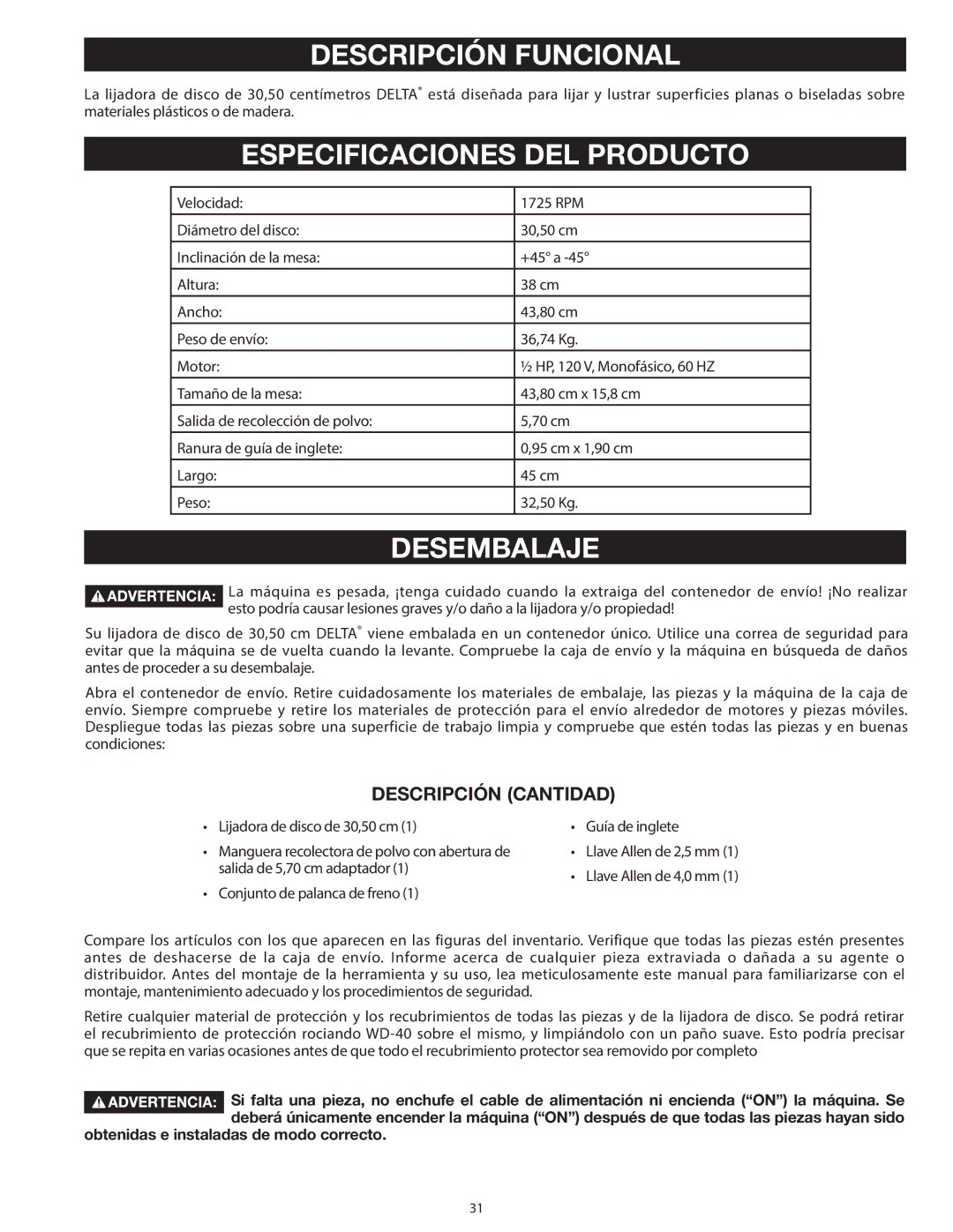 Delta 31-140 operating instructions Descripción Funcional, Especificaciones DEL Producto, Desembalaje, Descripción Cantidad 