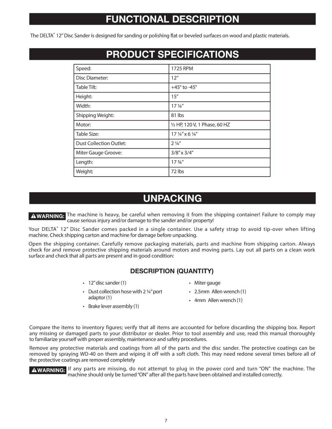 Delta 31-140 operating instructions Functional Description, Product Specifications, Unpacking, Description Quantity 