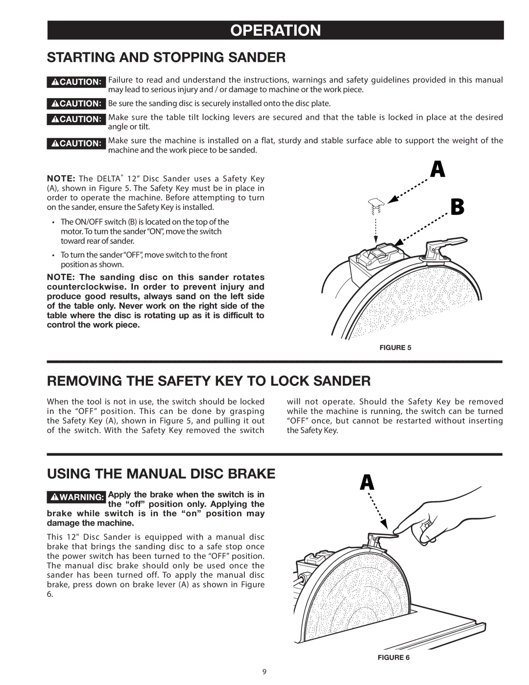 Delta 31-140 Operation, Starting and Stopping Sander, Removing the Safety KEY to Lock Sander, Using the Manual Disc Brake 