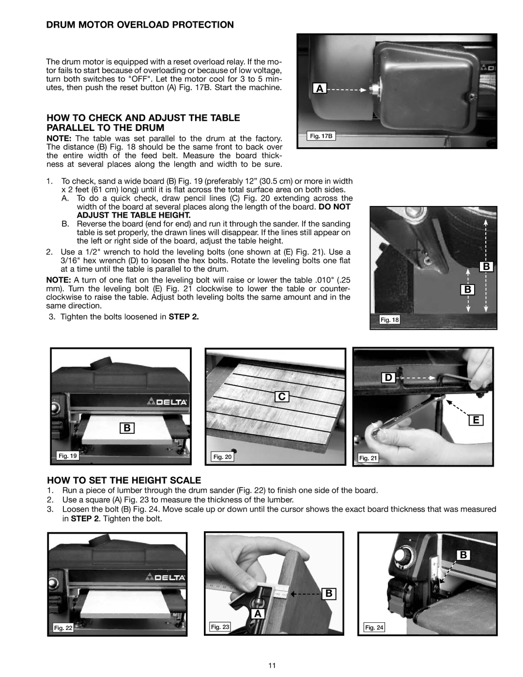 Delta 31-260X instruction manual Drum Motor Overload Protection, HOW to Check and Adjust the Table Parallel to the Drum 