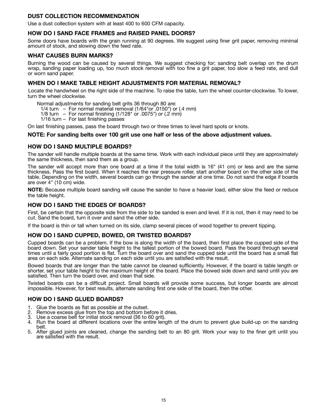 Delta 31-260X instruction manual Dust Collection Recommendation, What Causes Burn MARKS?, HOW do I Sand Multiple BOARDS? 