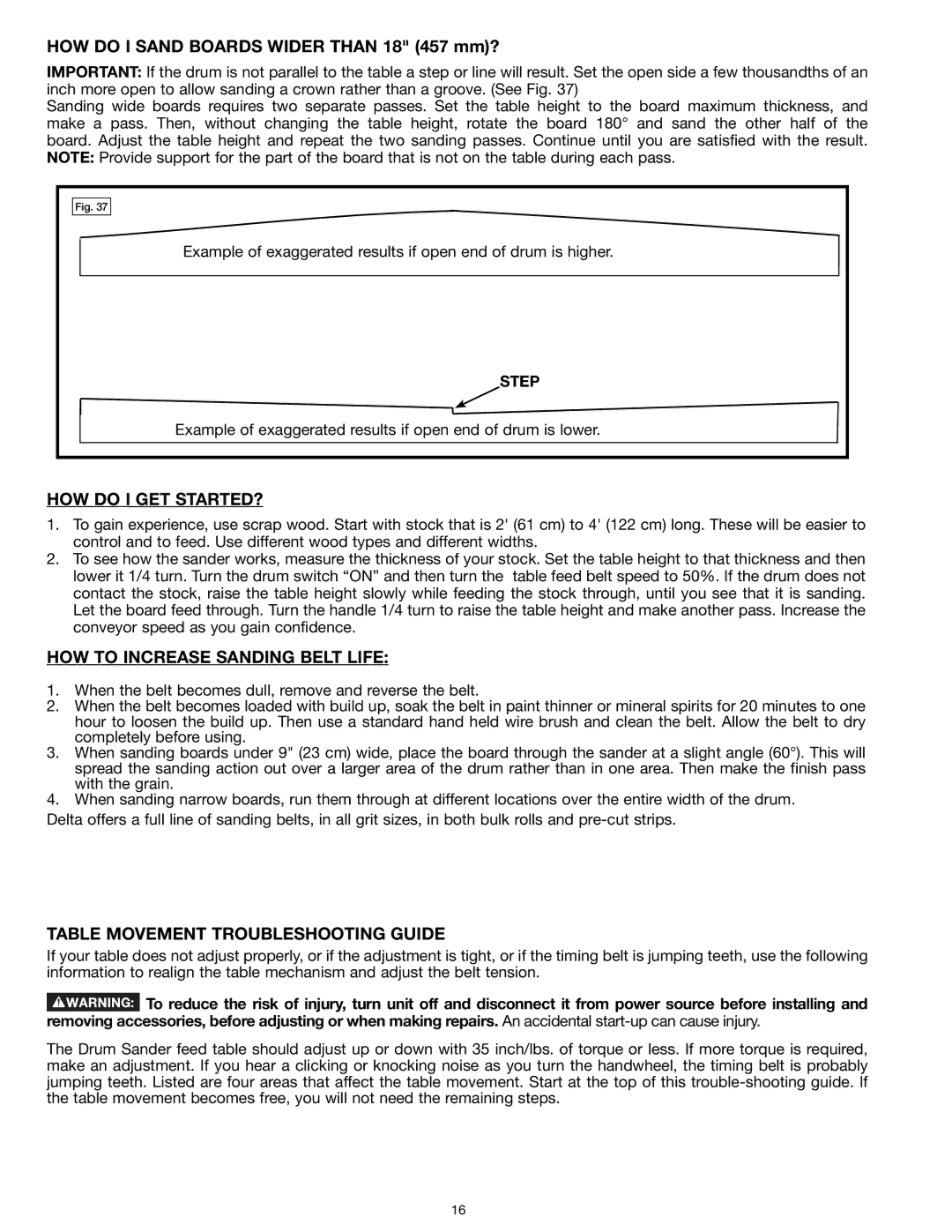 Delta 31-260X HOW do I GET STARTED?, HOW to Increase Sanding Belt Life, Table Movement Troubleshooting Guide 