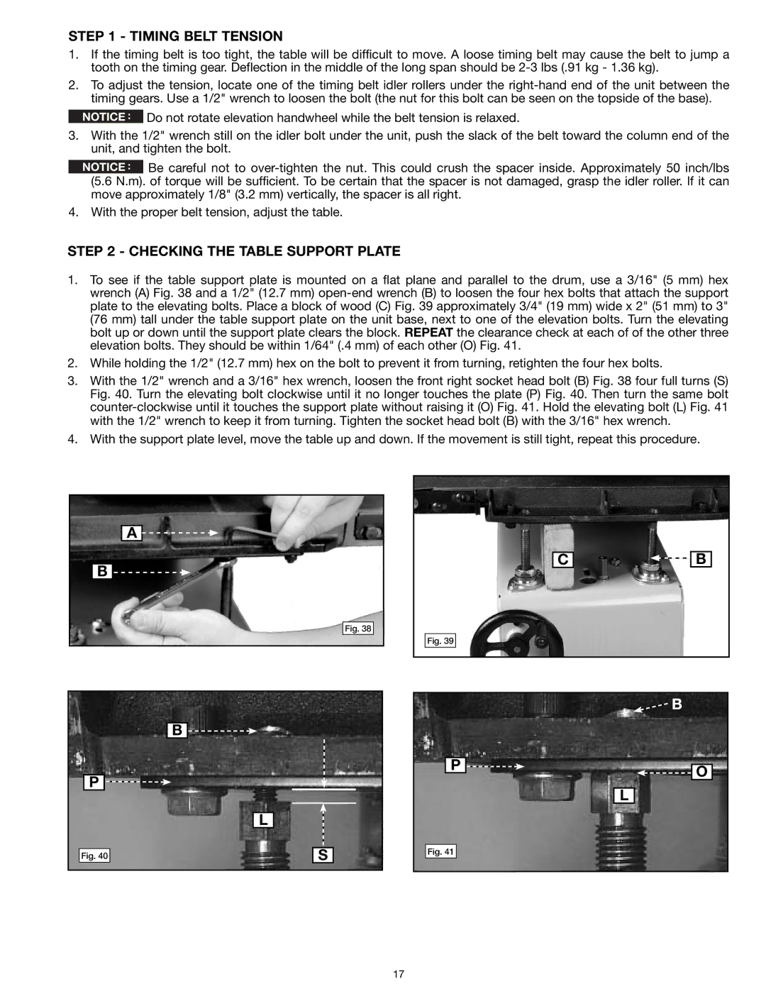 Delta 31-260X instruction manual Timing Belt Tension, Checking the Table Support Plate 