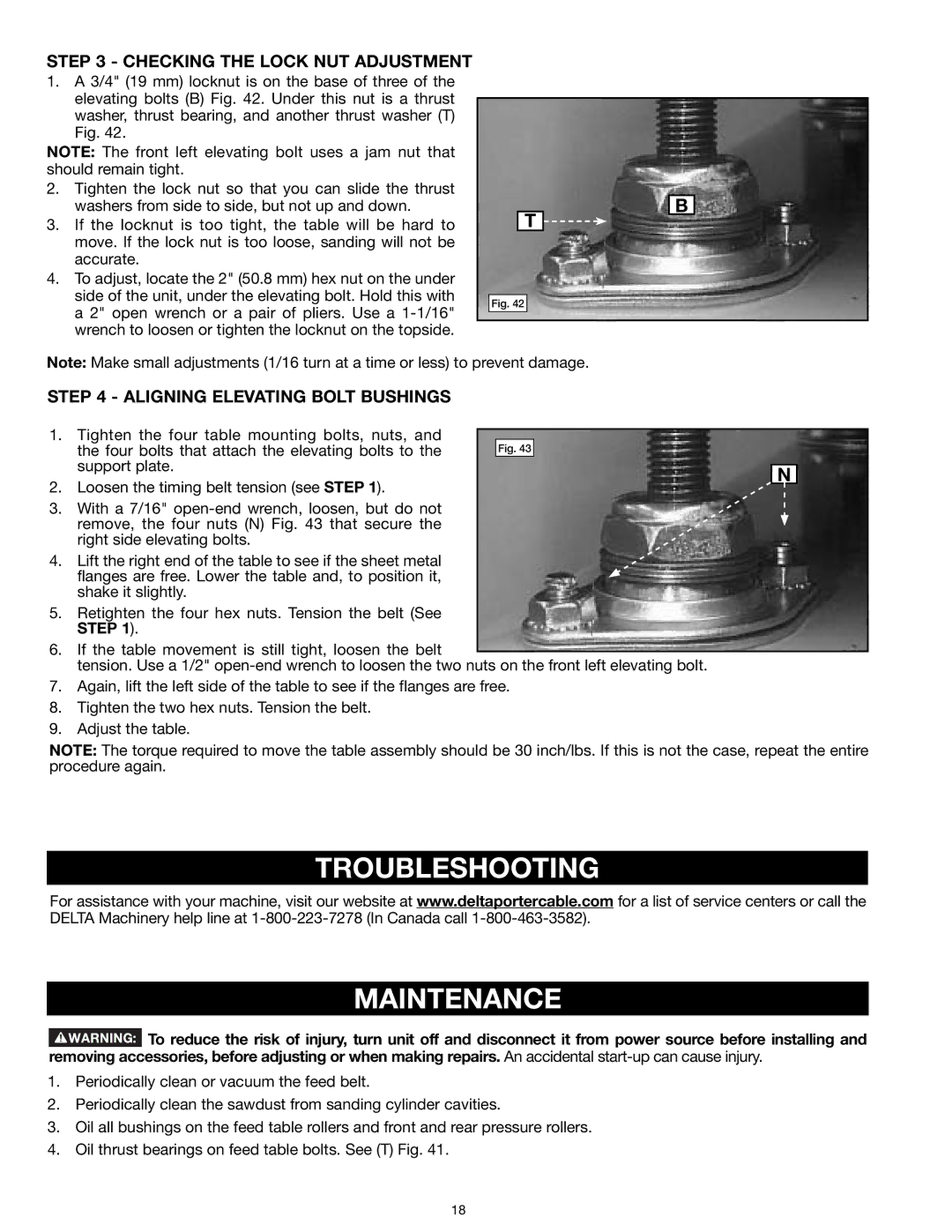 Delta 31-260X Troubleshooting Maintenance, Checking the Lock NUT Adjustment, Aligning Elevating Bolt Bushings 