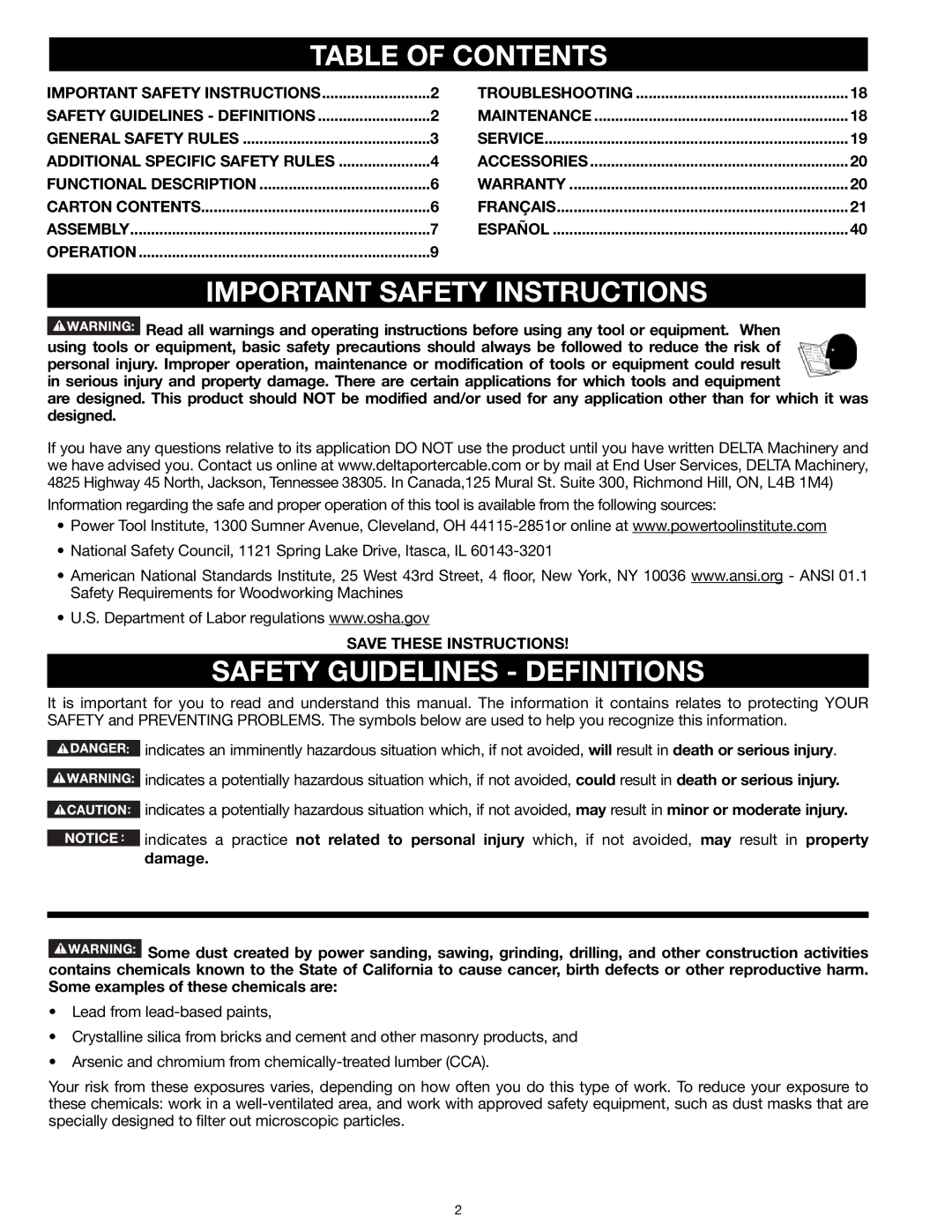 Delta 31-260X instruction manual Table of Contents, Important Safety Instructions, Safety Guidelines Definitions 