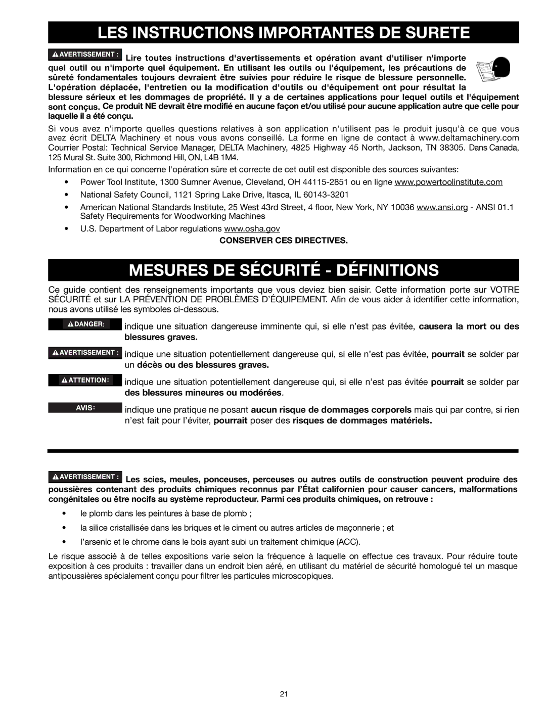 Delta 31-260X instruction manual LES Instructions Importantes DE Surete, Mesures DE Sécurité Définitions 