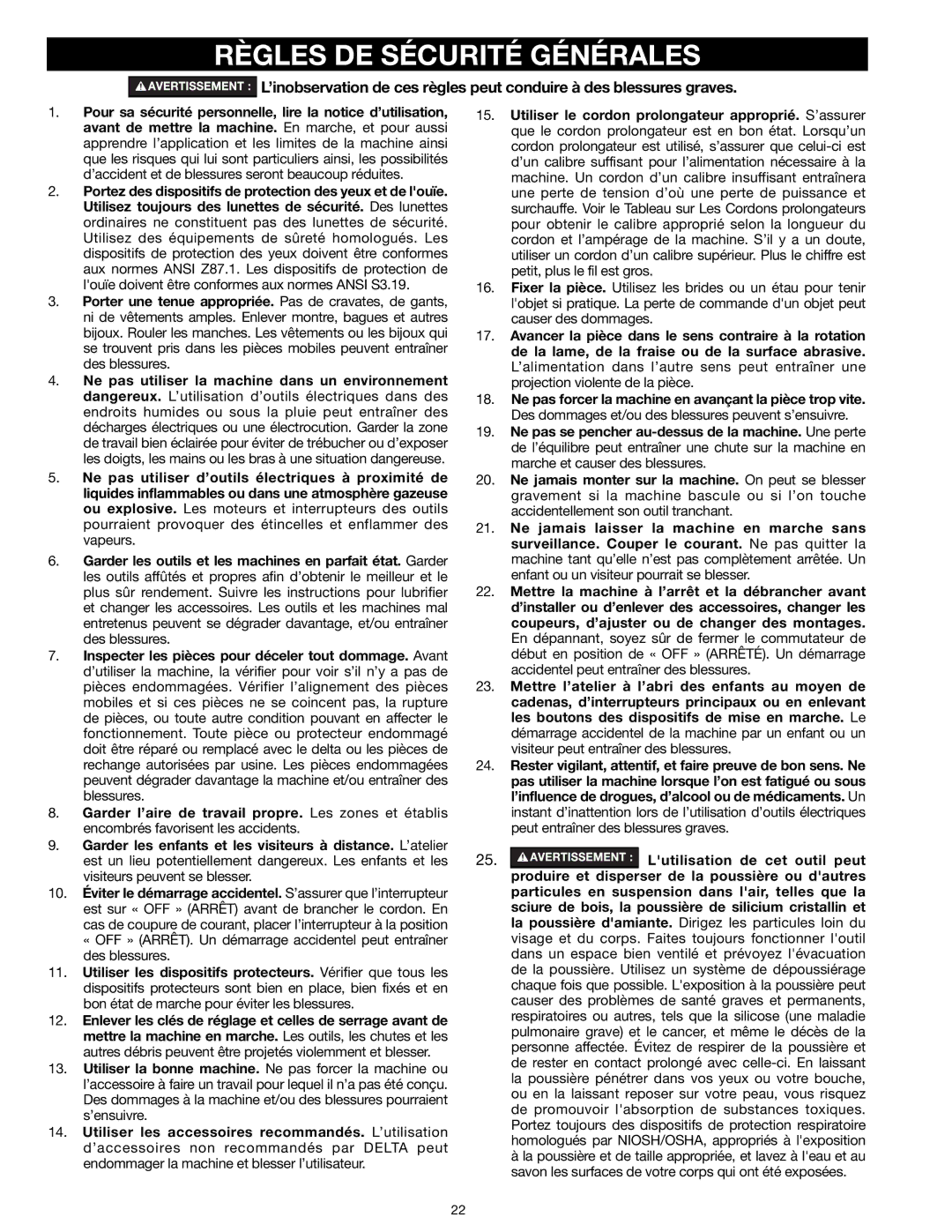 Delta 31-260X instruction manual Règles DE Sécurité Générales 