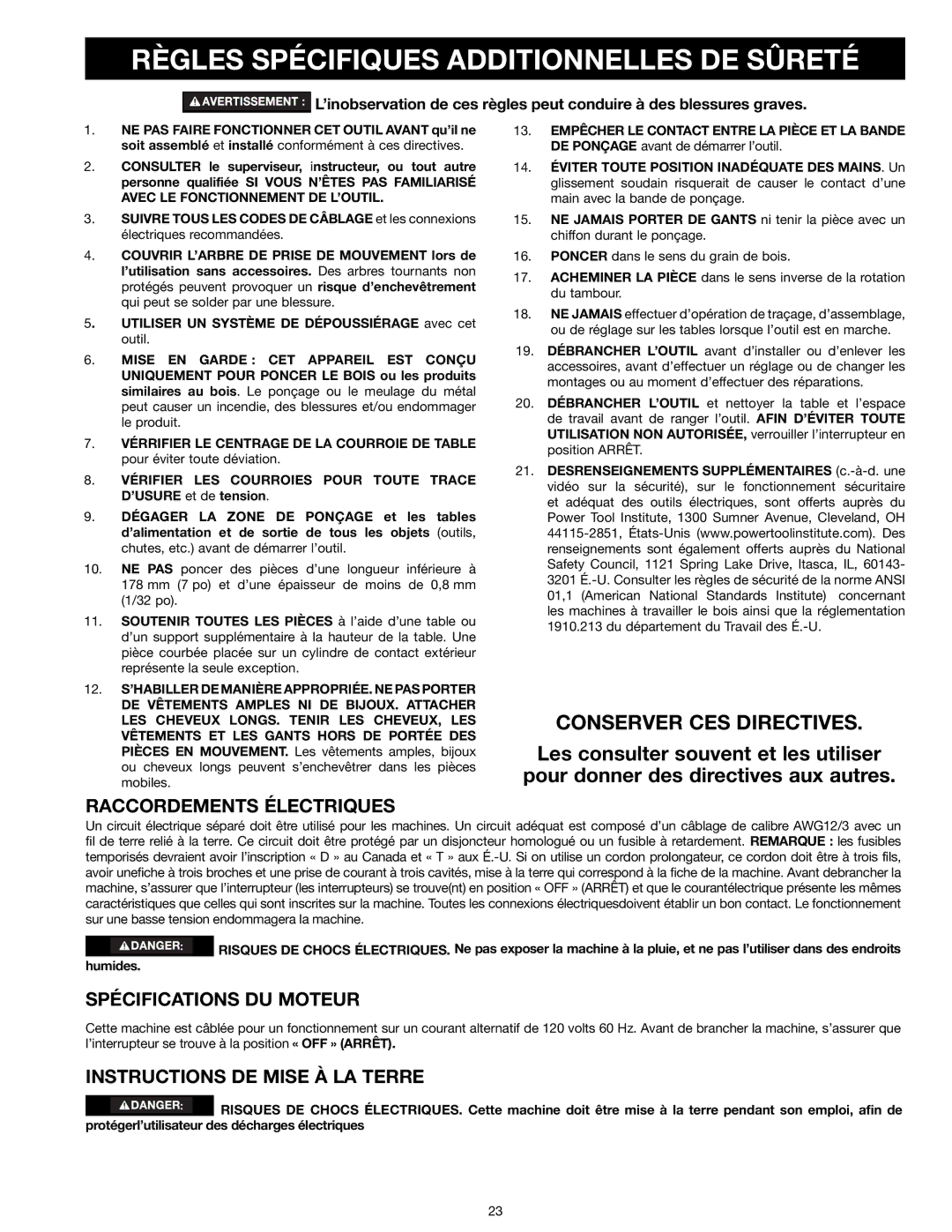 Delta 31-260X Règles Spécifiques Additionnelles DE Sûreté, Raccordements Électriques, Spécifications DU Moteur 