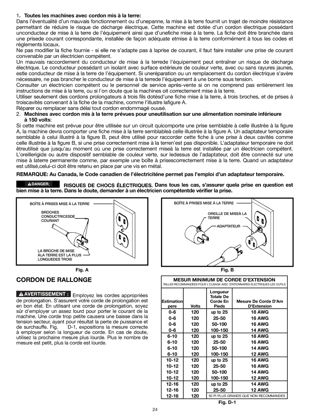 Delta 31-260X instruction manual Cordon DE Rallonge, Toutes les machines avec cordon mis à la terre 