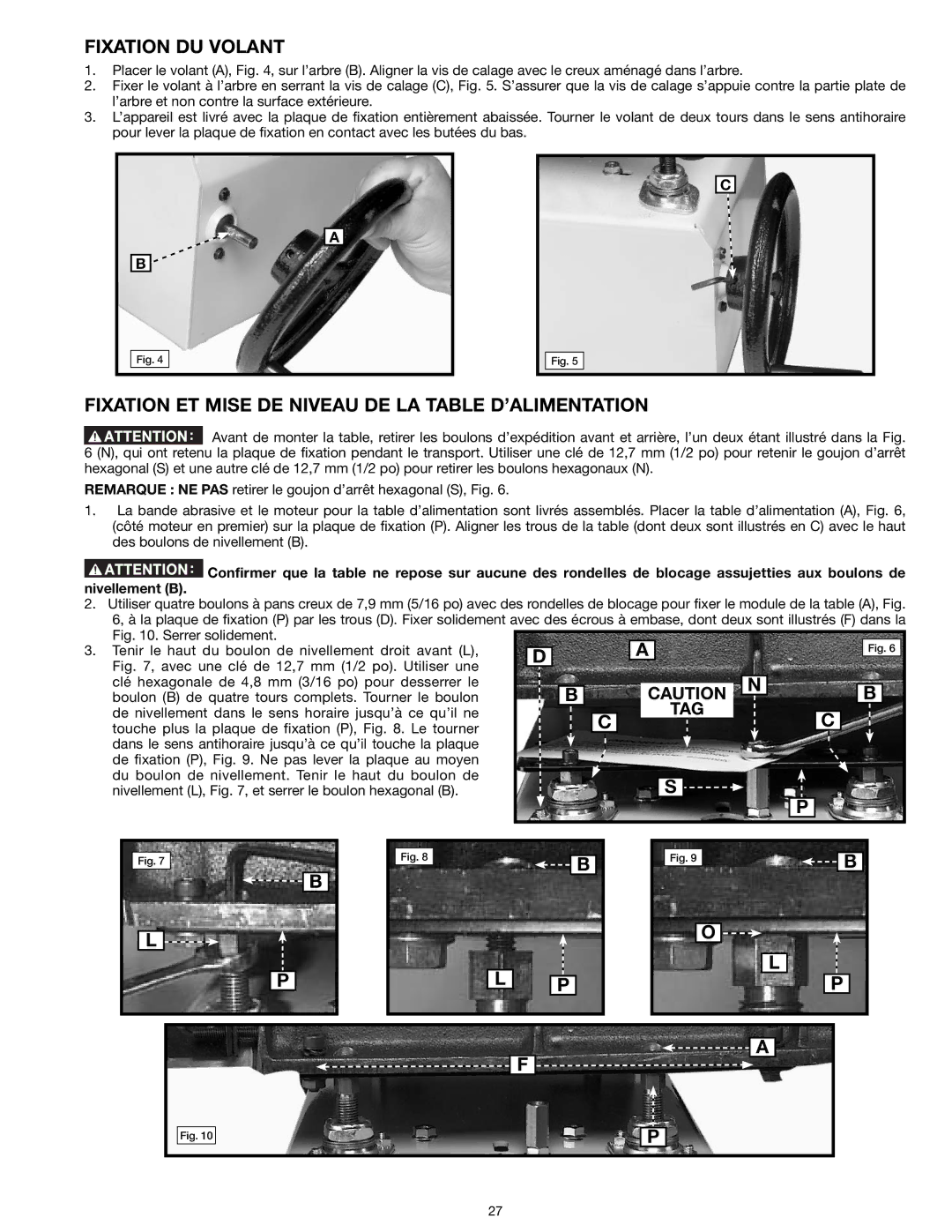 Delta 31-260X instruction manual Fixation DU Volant, Fixation ET Mise DE Niveau DE LA Table D’ALIMENTATION, Tag 